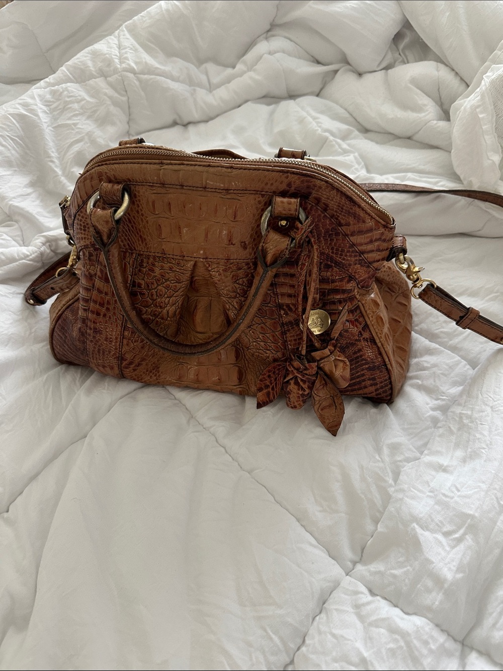 BRAHMIN Brown Croc-Embossed Leather Satchel Bag